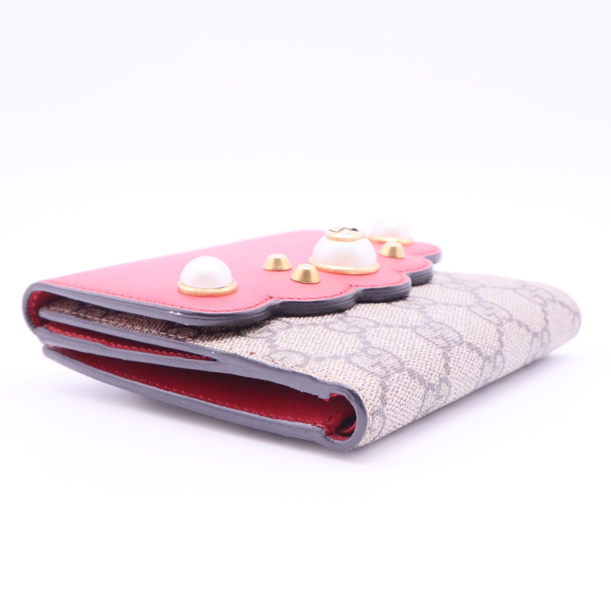 GG Supreme Monogram Pearl Studded French Wallet Beige Hibiscus Red