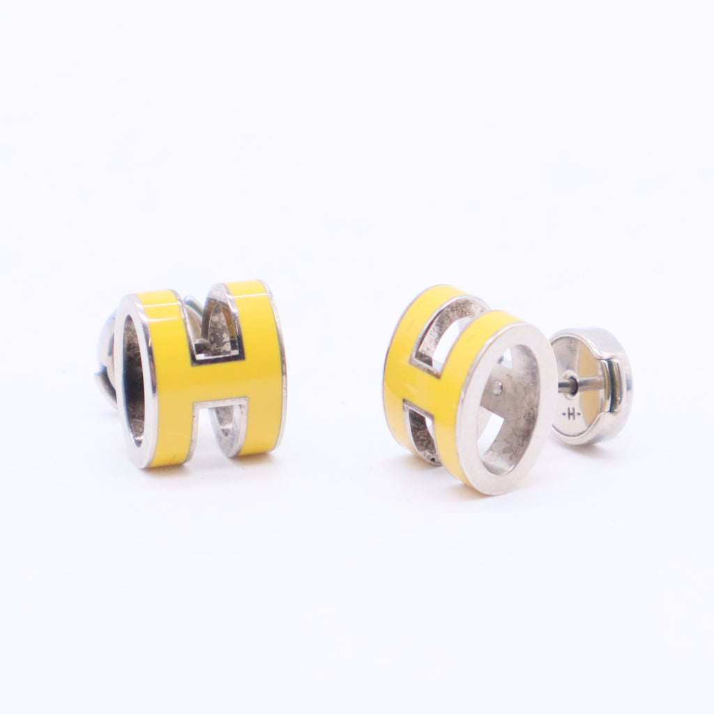 Boucles d'oreilles en métal émaillé Hermes Mini Pop H Argenté Jaune W20084