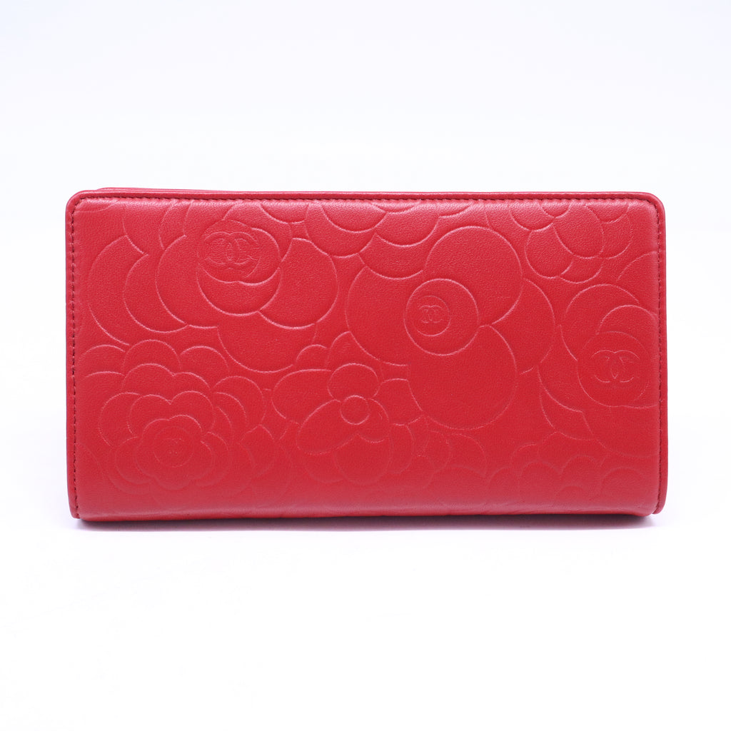 Lambskin Camellia Embossed Yen Wallet Dark Red W20976