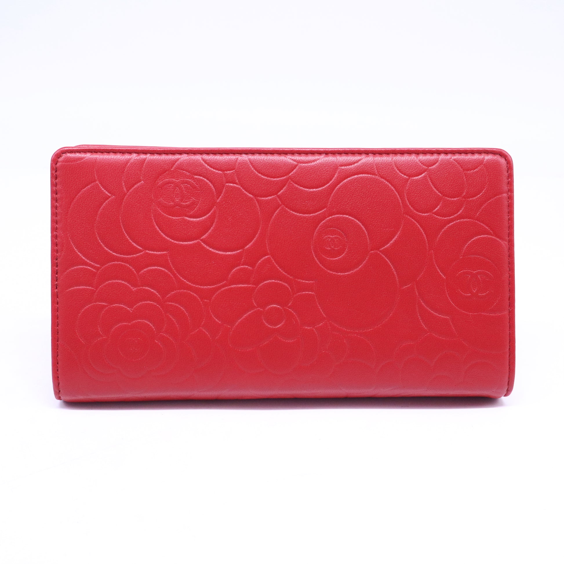 Lambskin Camellia Embossed Yen Wallet Dark Red W20976
