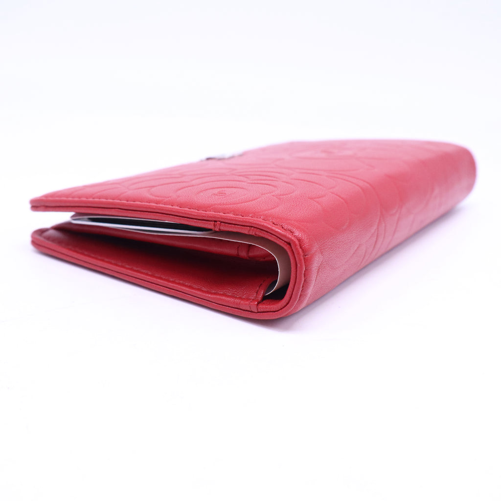 Lambskin Camellia Embossed Yen Wallet Dark Red W20976