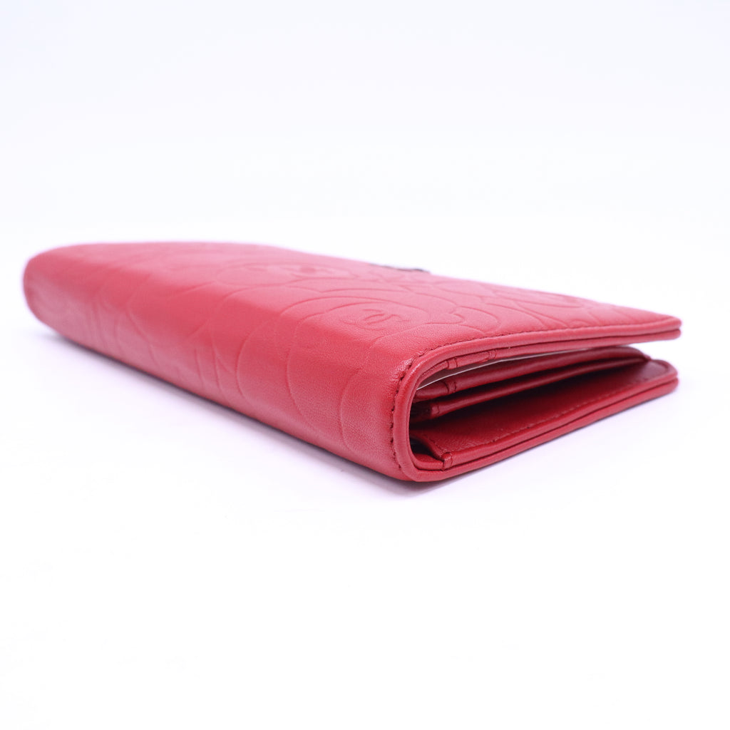 Lambskin Camellia Embossed Yen Wallet Dark Red W20976