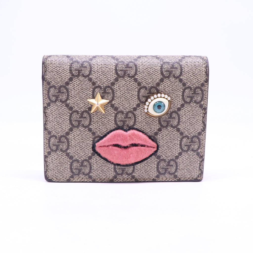 Gucci GG Supreme Monogram Face Embroidered Card Case Wallet Pink W21217