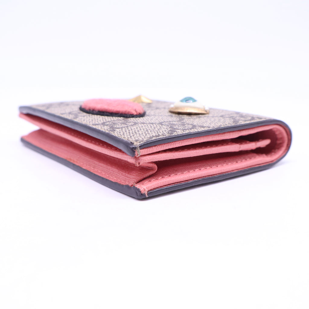 Gucci GG Supreme Monogram Face Embroidered Card Case Wallet Pink W21217