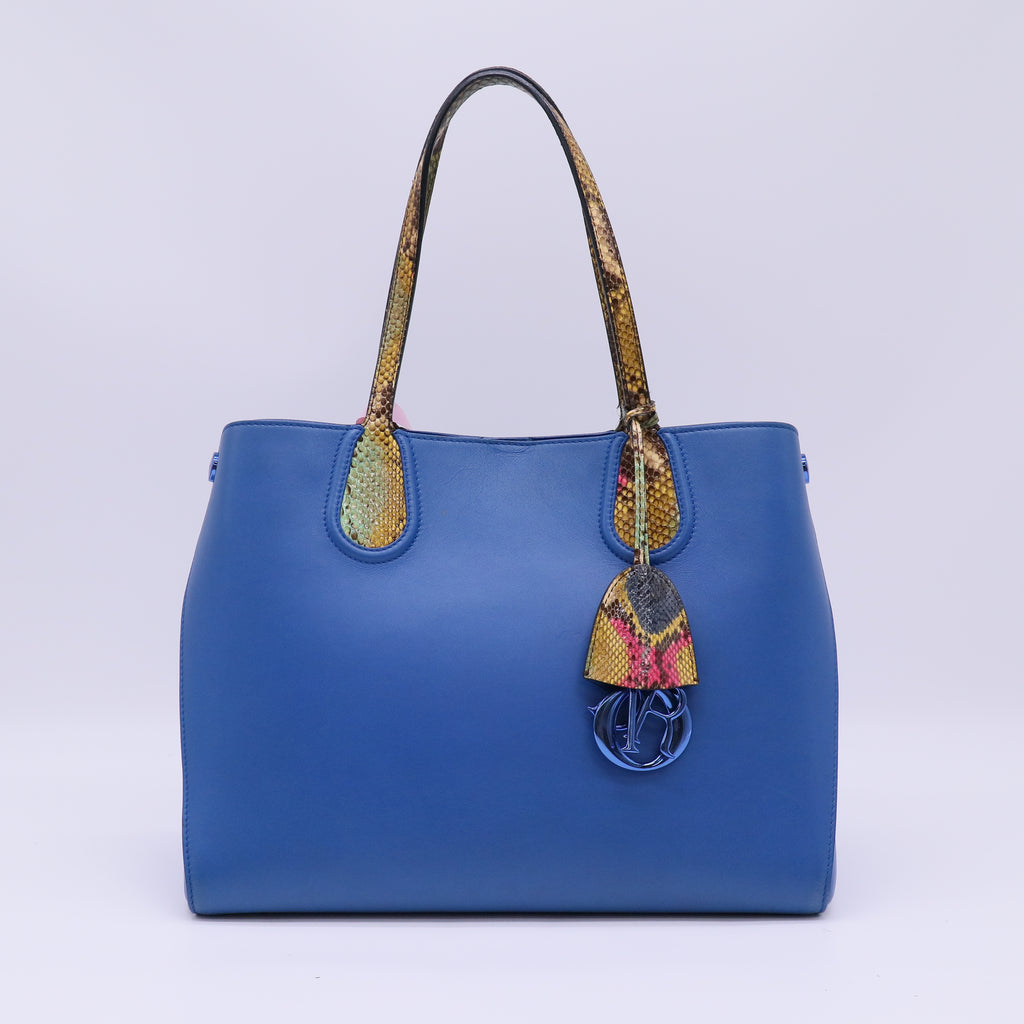 Christian Dior Blue Leather Multicolor Python Trim Addict Shopping Tote Bag Twins LDJ4743