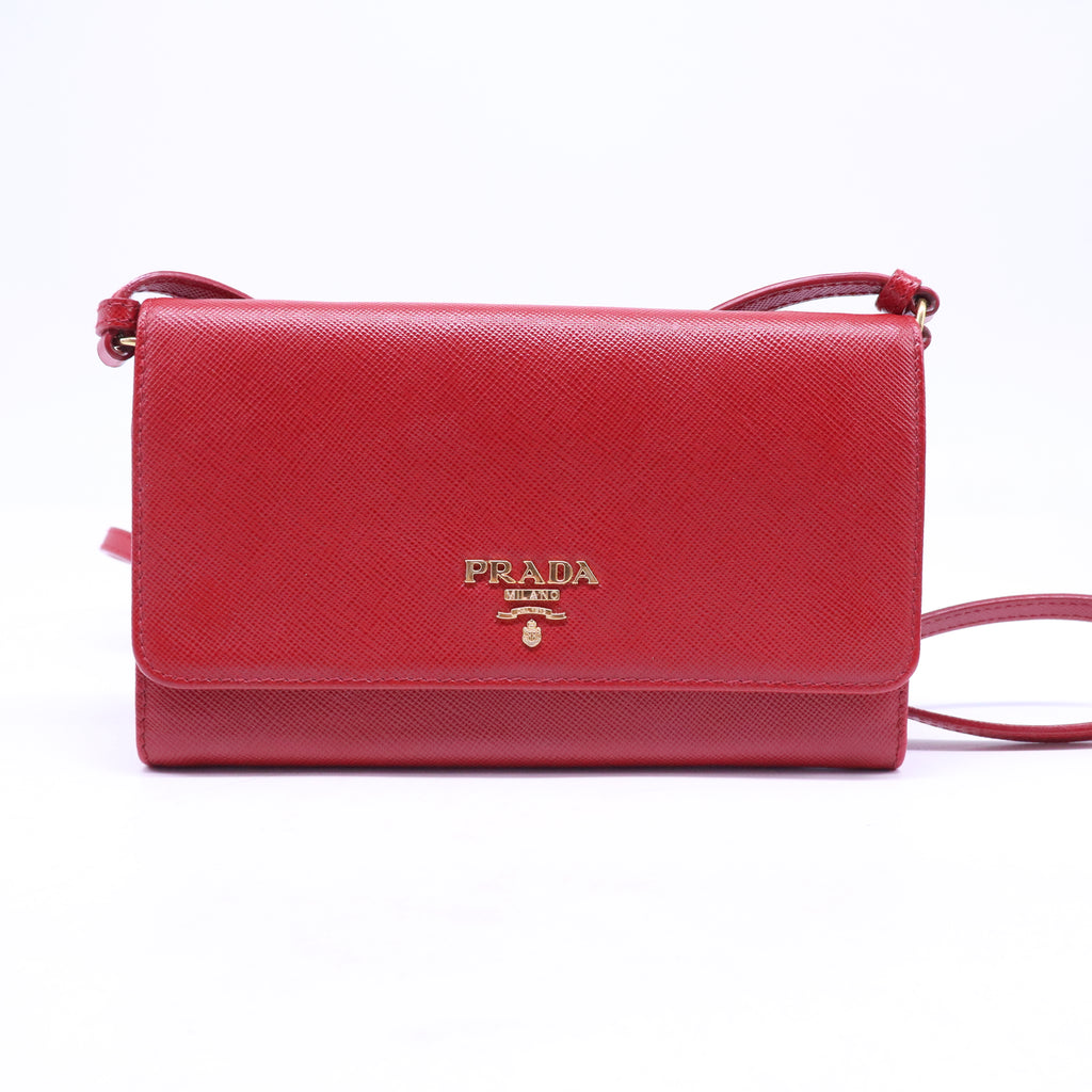 Prada Saffiano Metal Flap Wallet With Strap Fuoco B21427