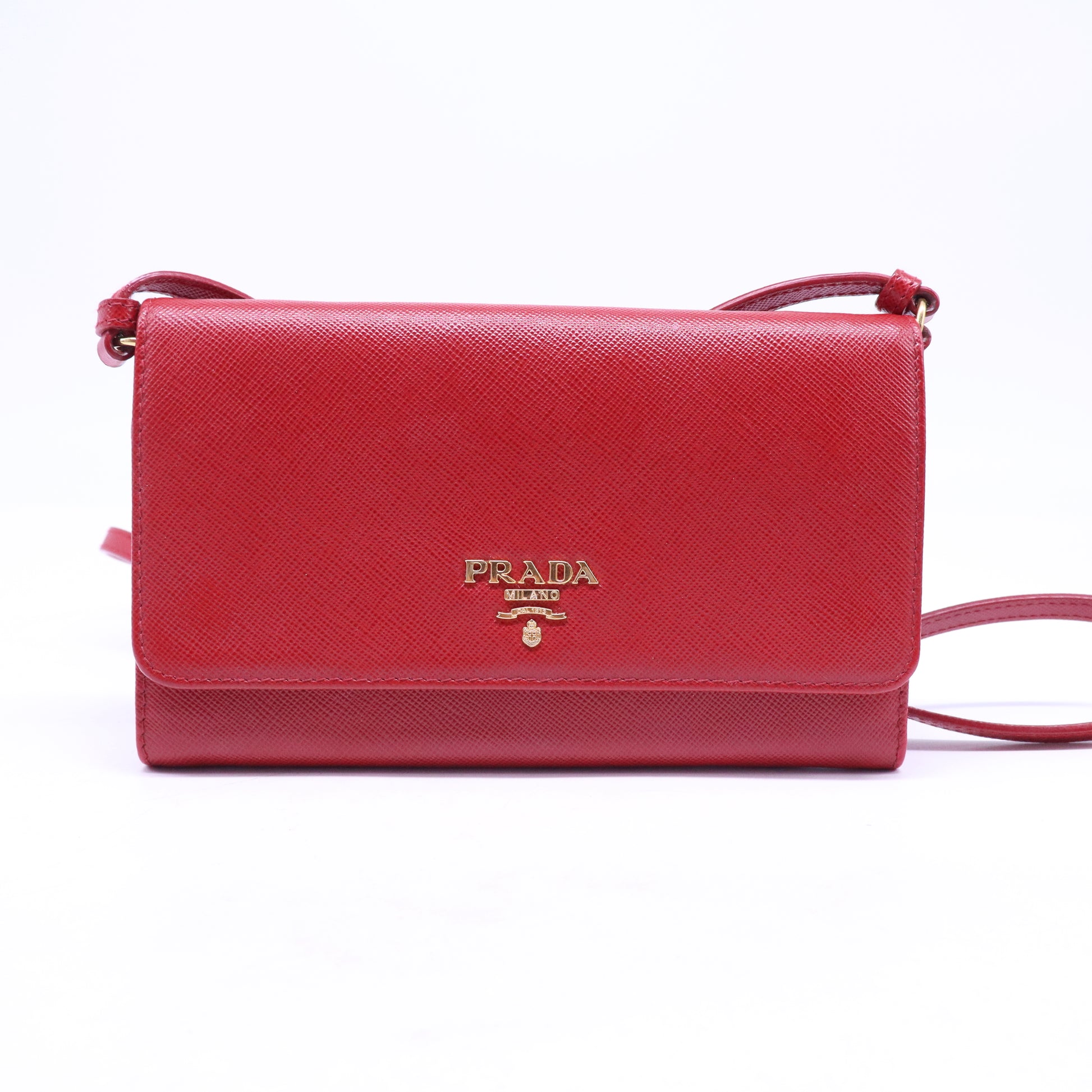 Prada Saffiano Metal Flap Wallet With Strap Fuoco B21427