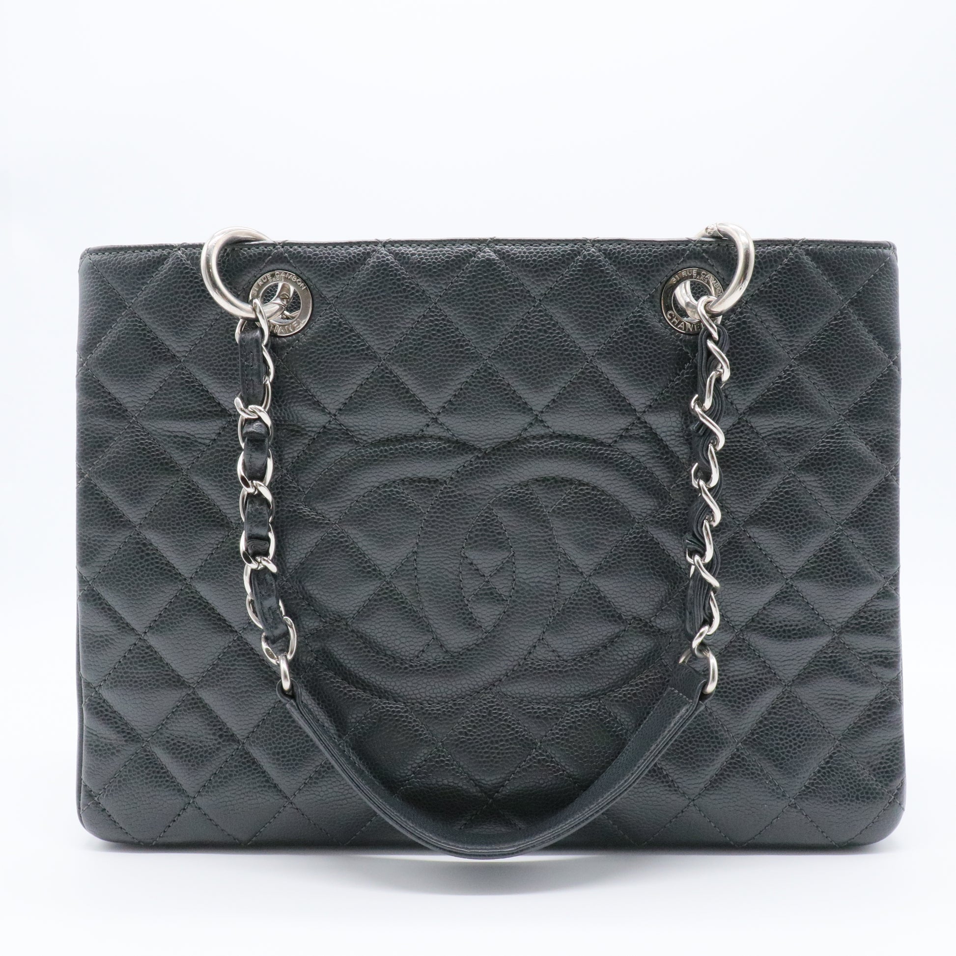Grand Shopping Tote Quilted Caviar Silver Hardware