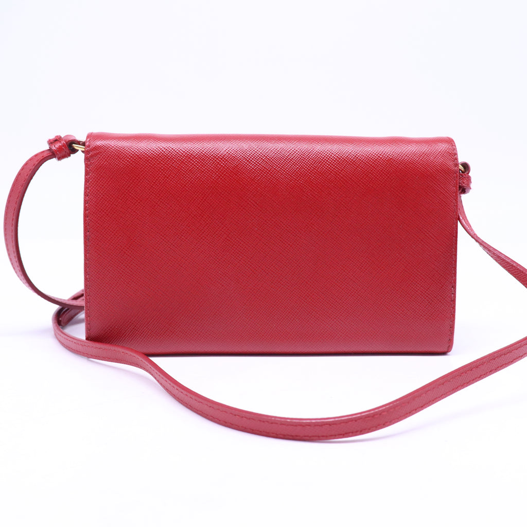 Prada Saffiano Metal Flap Wallet With Strap Fuoco B21427