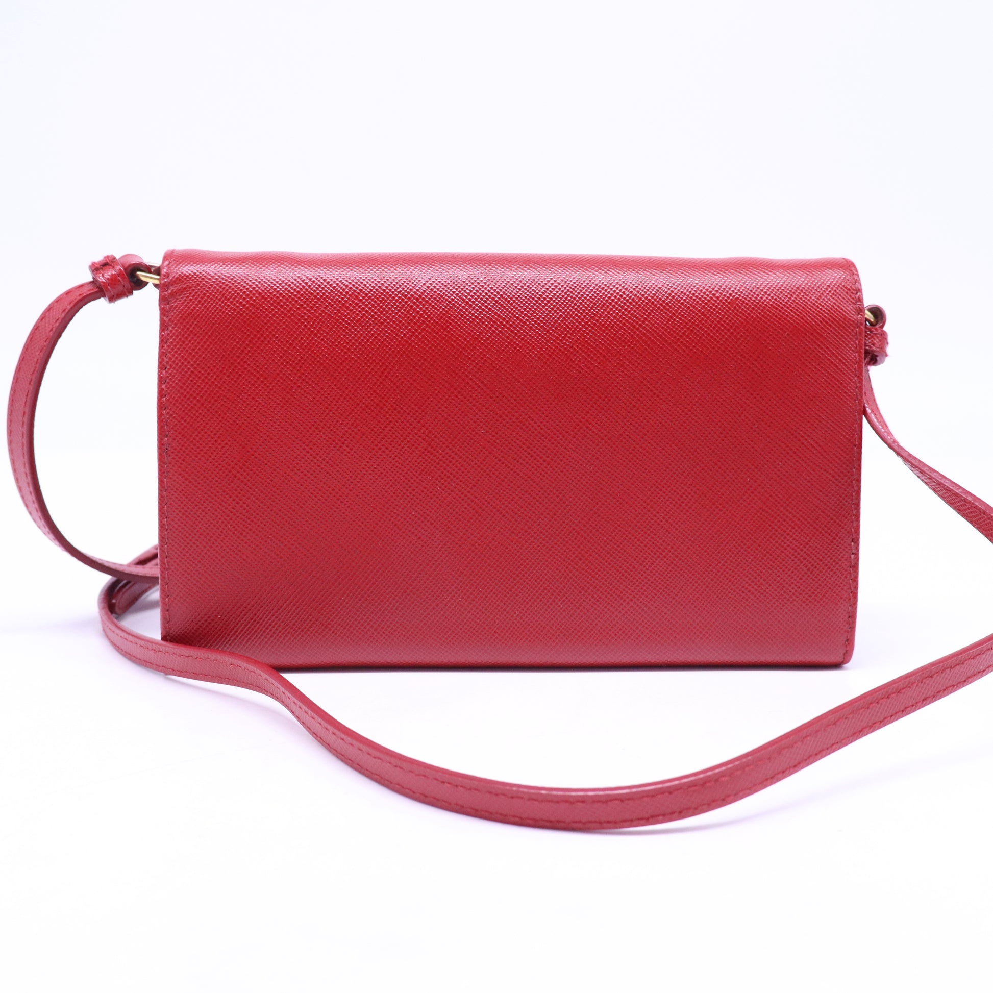 Prada Saffiano Metal Flap Wallet With Strap Fuoco B21427