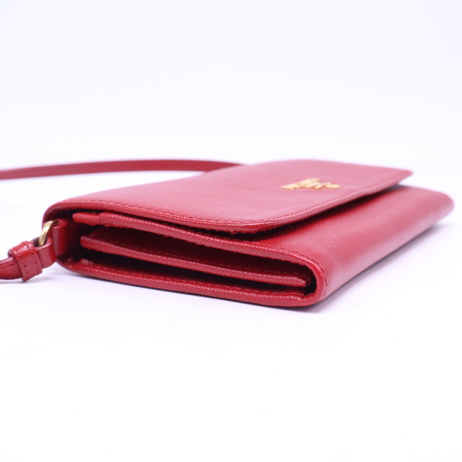 Prada Saffiano Metal Flap Wallet With Strap Fuoco B21427