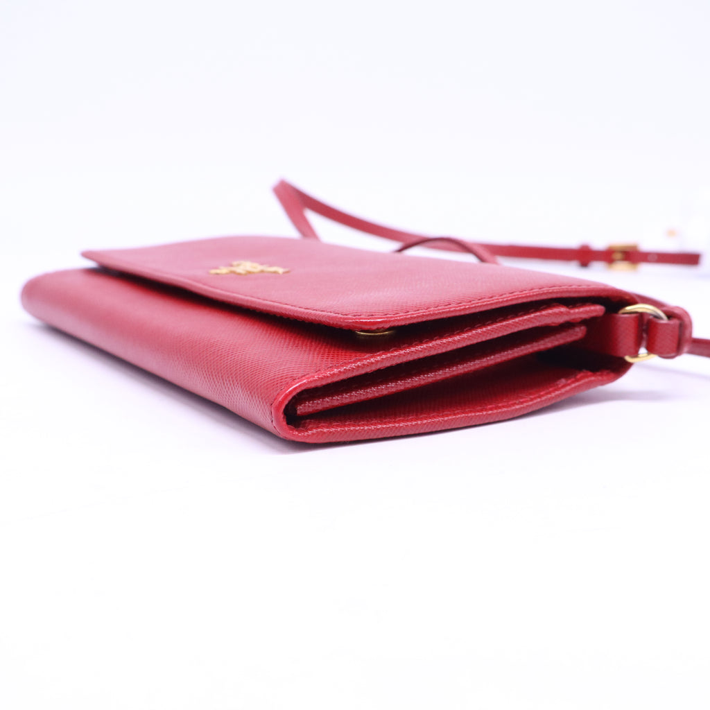Prada Saffiano Metal Flap Wallet With Strap Fuoco B21427