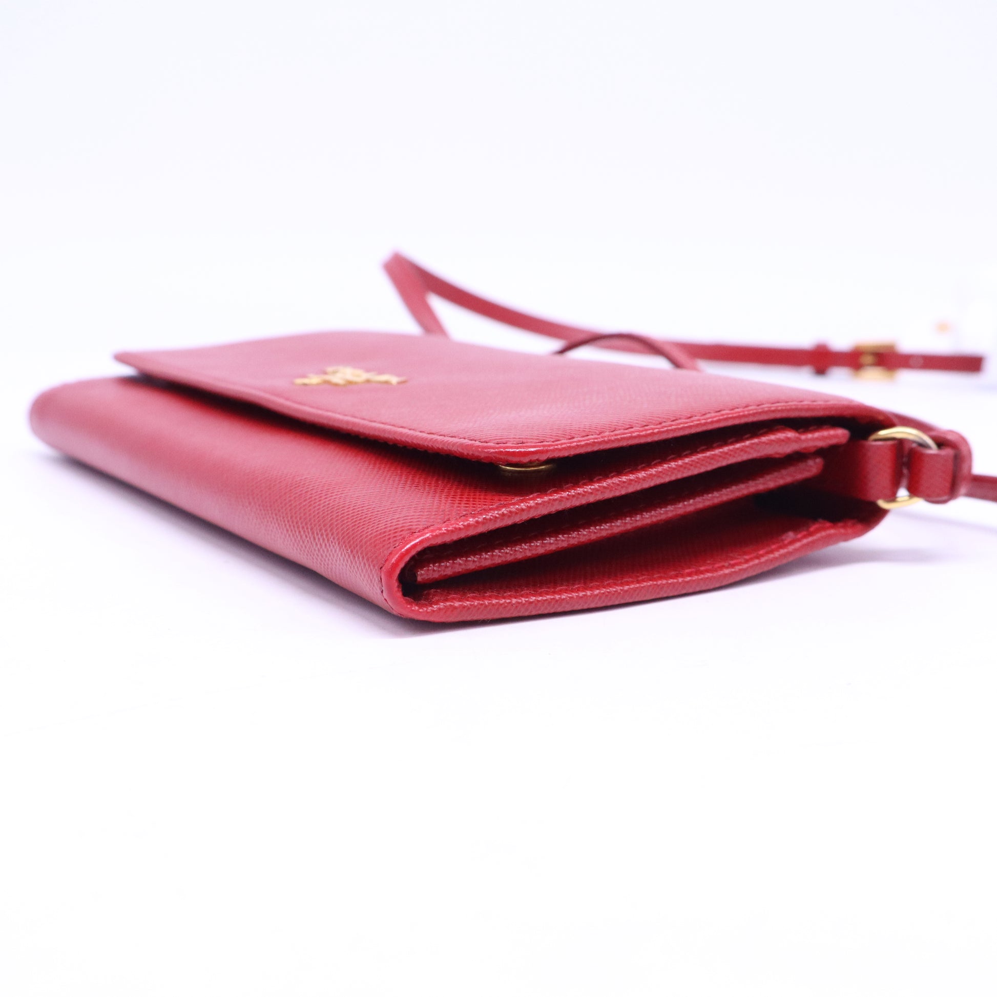 Prada Saffiano Metal Flap Wallet With Strap Fuoco B21427