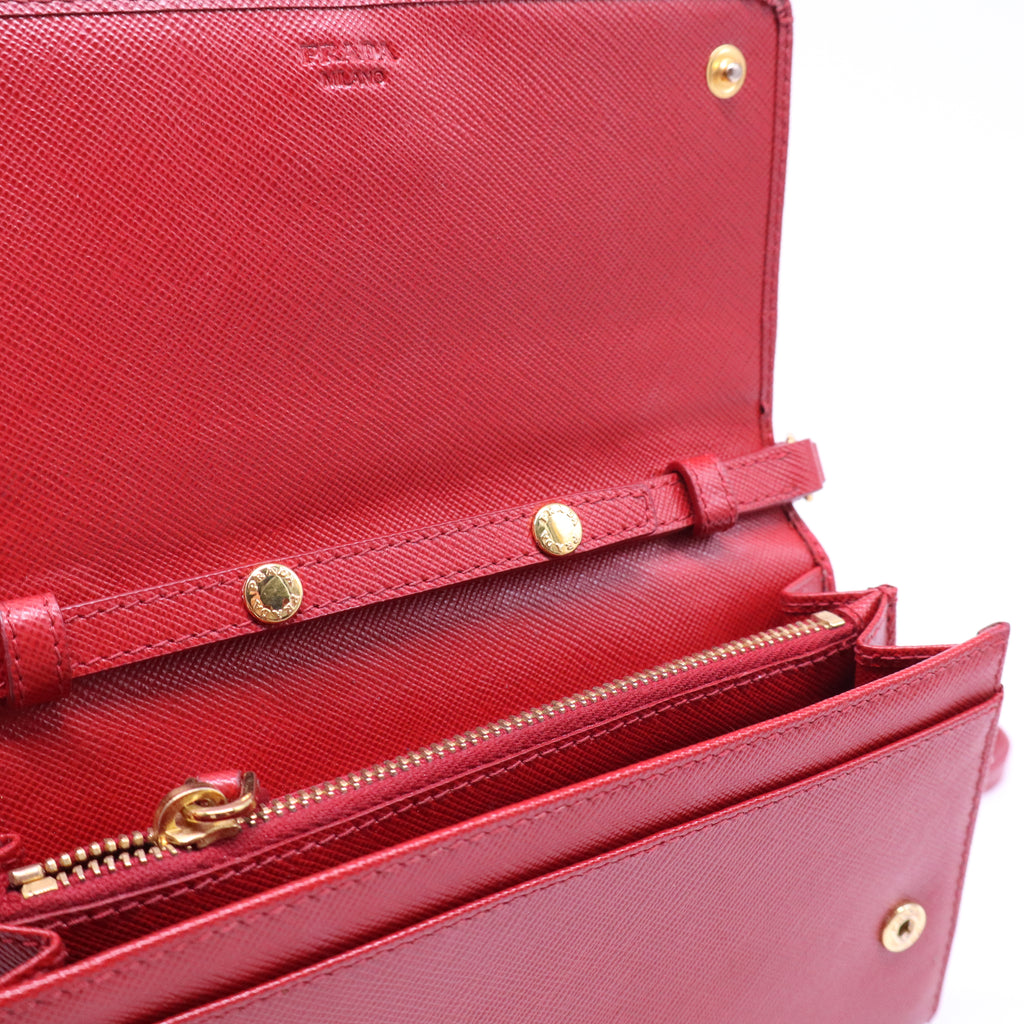 Prada Saffiano Metal Flap Wallet With Strap Fuoco B21427