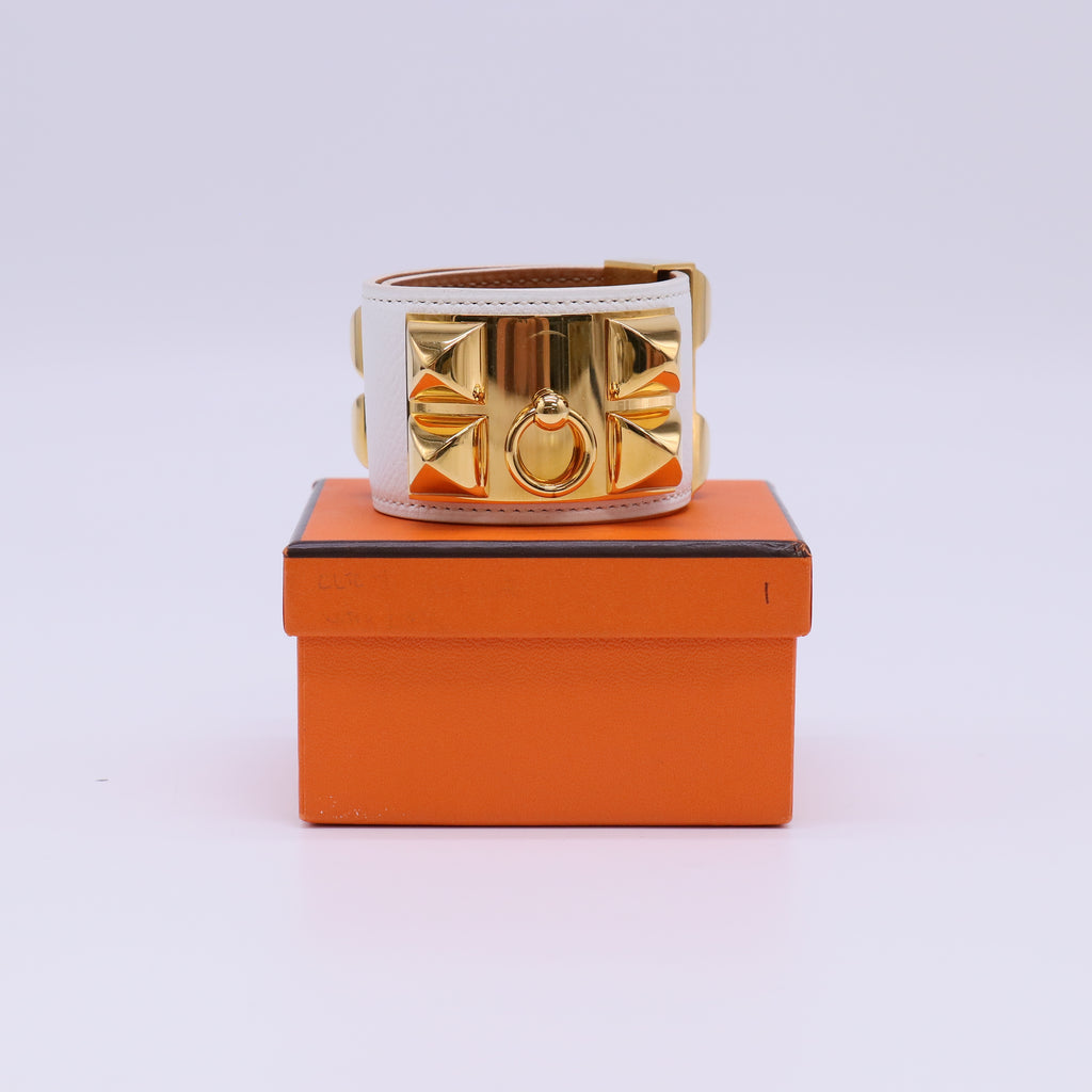Hermès White Epsom Leather Gold Plated Collier de Chien (CDC) Cuff Bracelet Twins LDJ4761