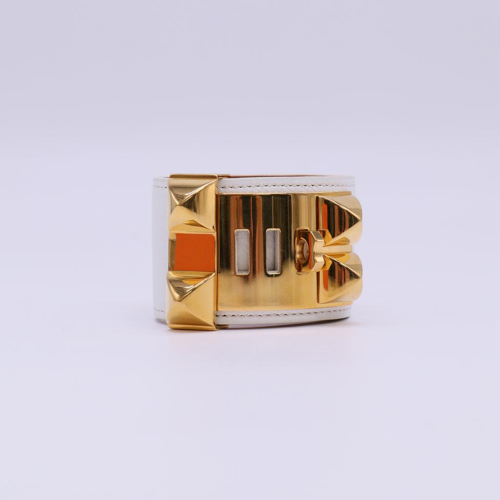 Hermès White Epsom Leather Gold Plated Collier de Chien (CDC) Cuff Bracelet Twins LDJ4761