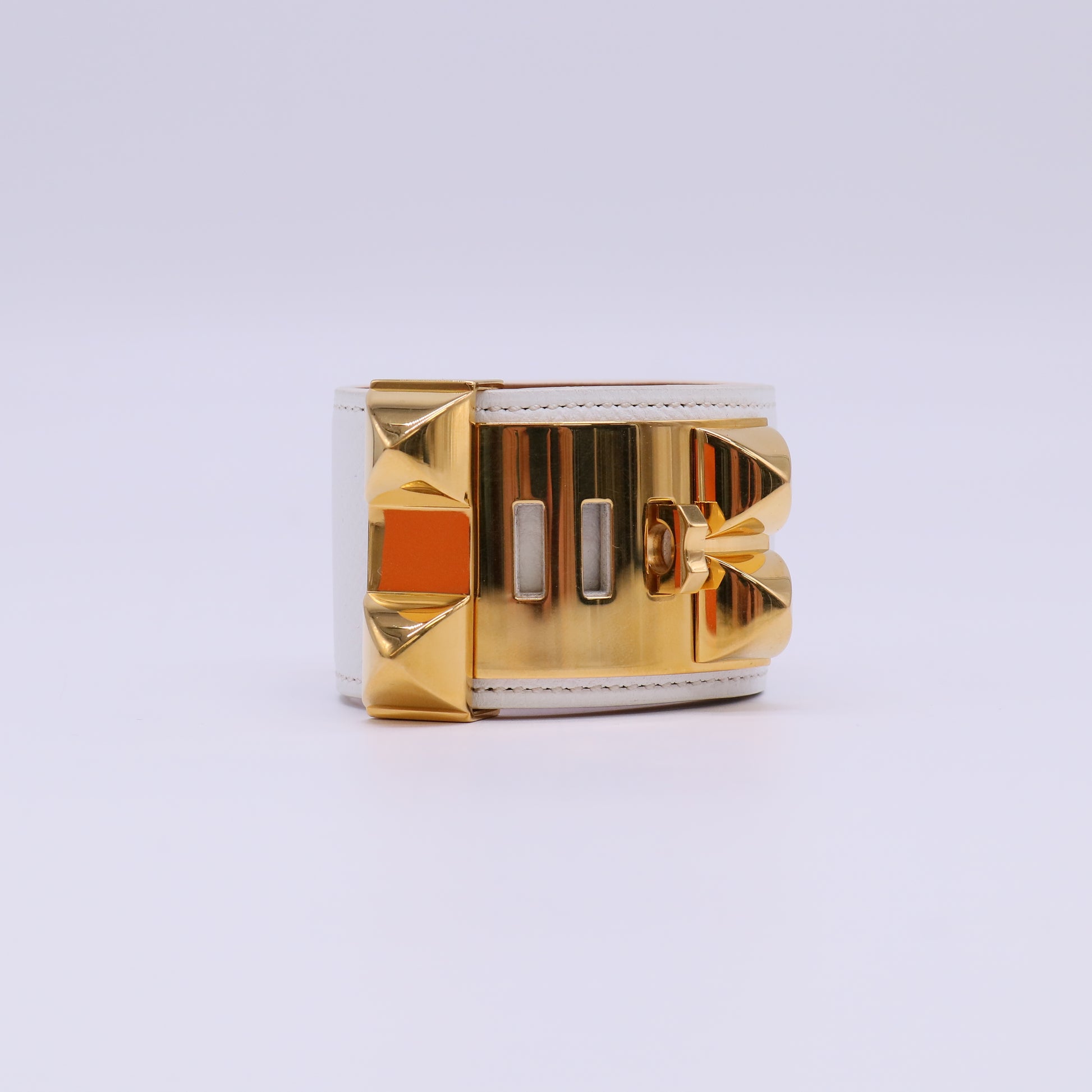 Hermès White Epsom Leather Gold Plated Collier de Chien (CDC) Cuff Bracelet Twins LDJ4761