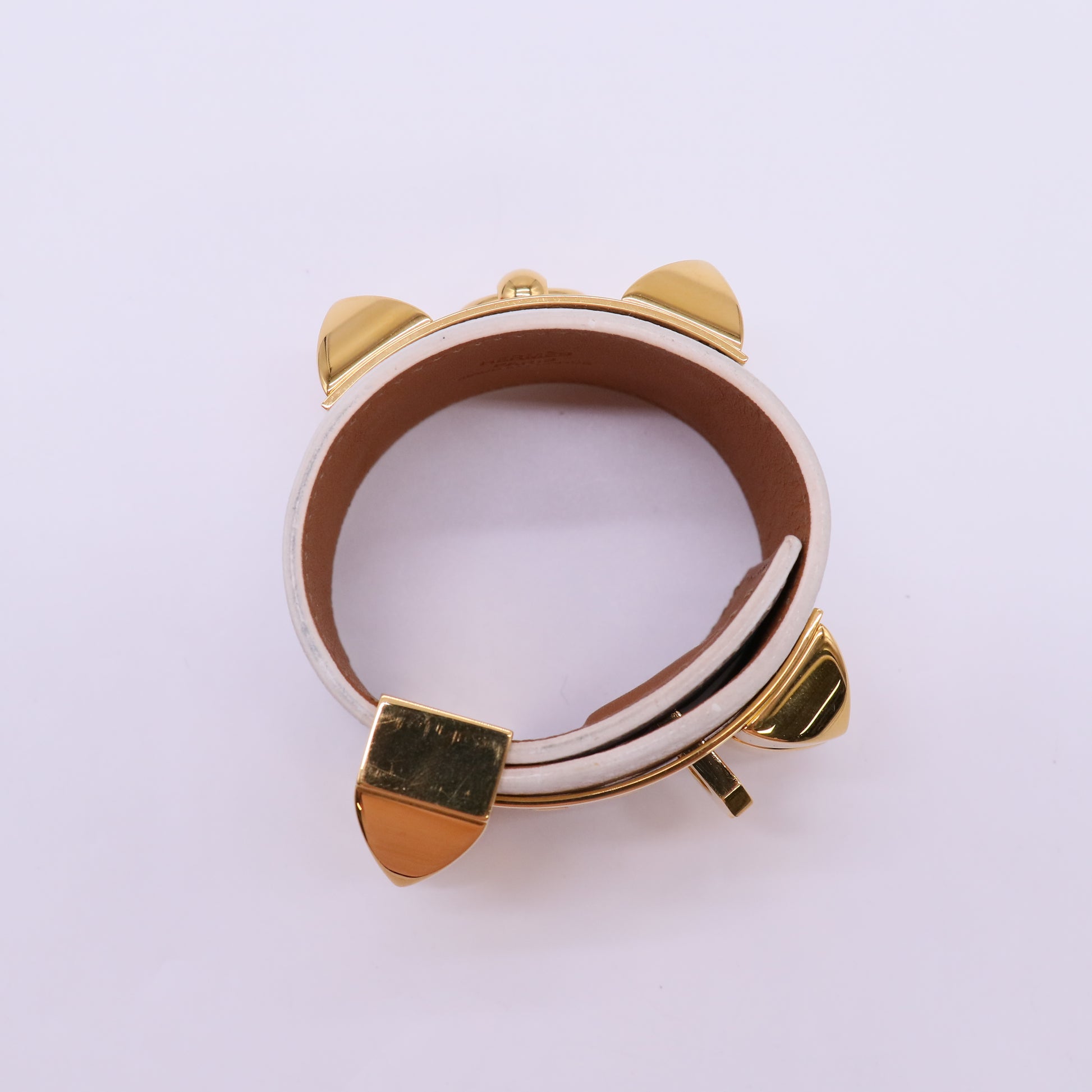 Hermès White Epsom Leather Gold Plated Collier de Chien (CDC) Cuff Bracelet Twins LDJ4761