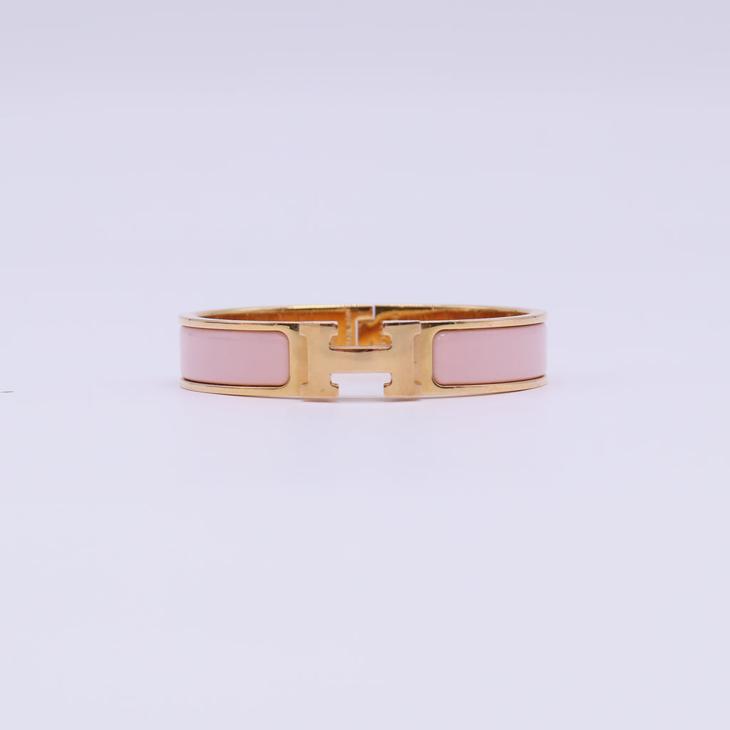 Hermes Pink Enamel Rose Gold Plated Clic-H Narrow Bracelet twins LDJ4760