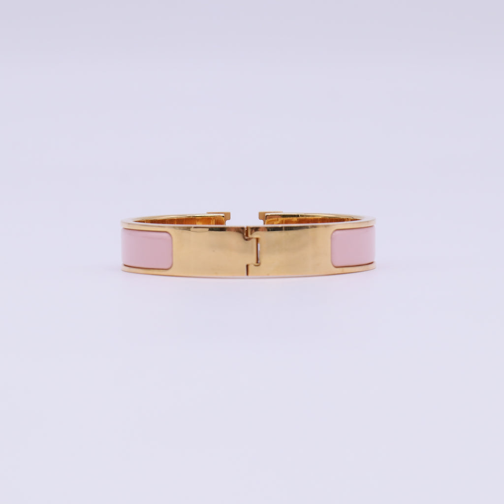 Hermes Pink Enamel Rose Gold Plated Clic-H Narrow Bracelet twins LDJ4760