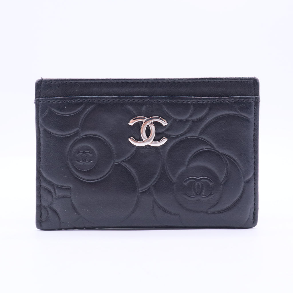 Black Leather Camellia Embossed Card Holder W11269