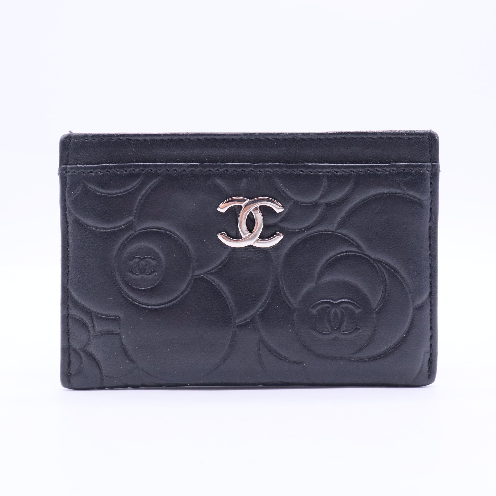 Black Leather Camellia Embossed Card Holder W11269