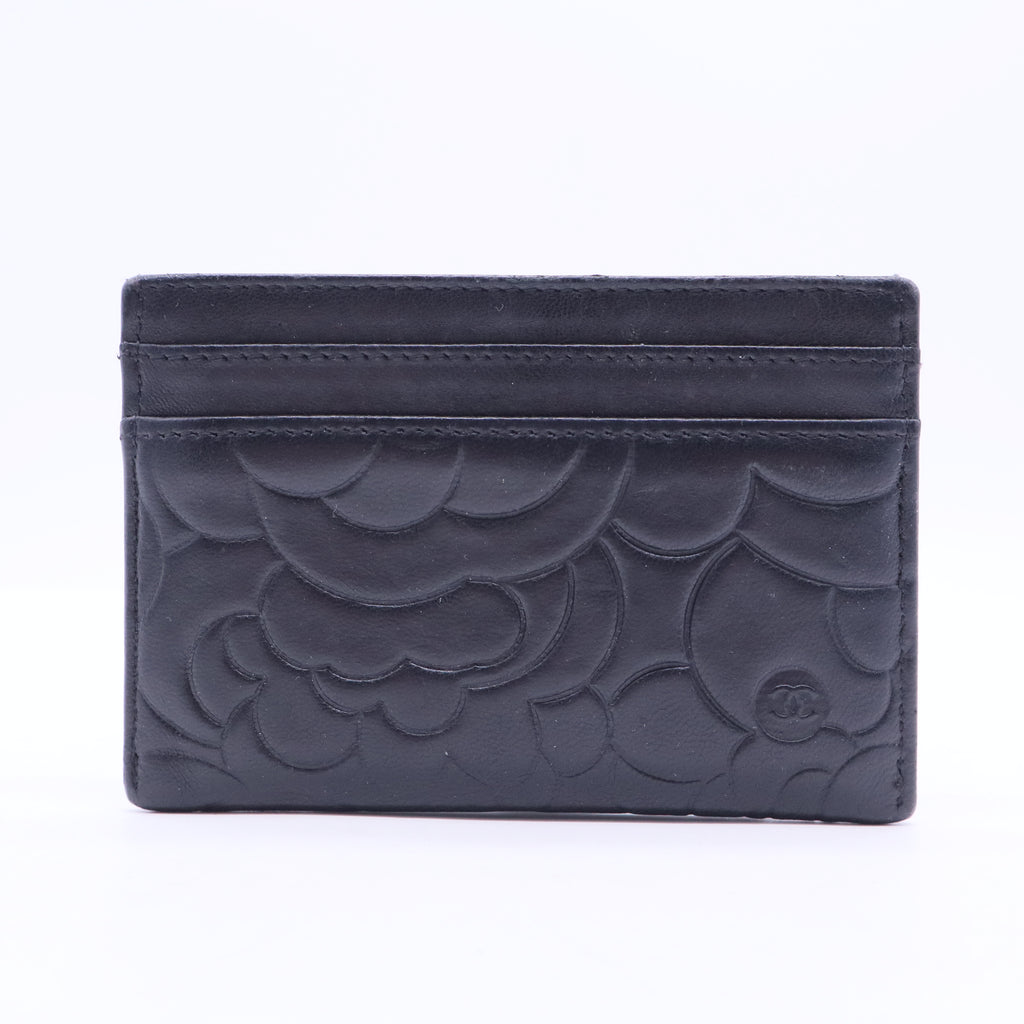 Black Leather Camellia Embossed Card Holder W11269