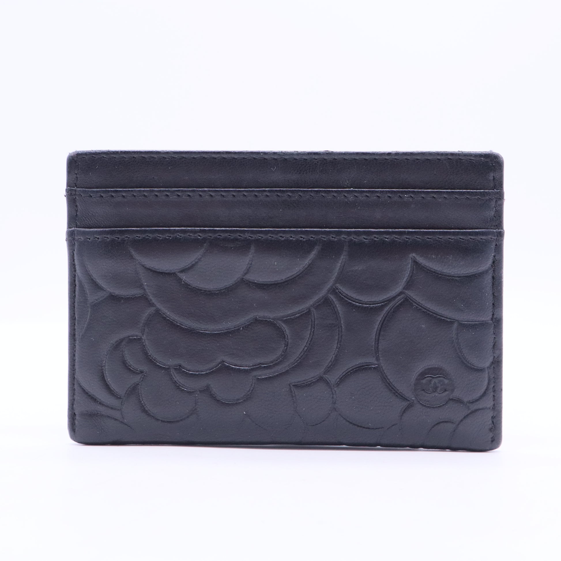 Black Leather Camellia Embossed Card Holder W11269