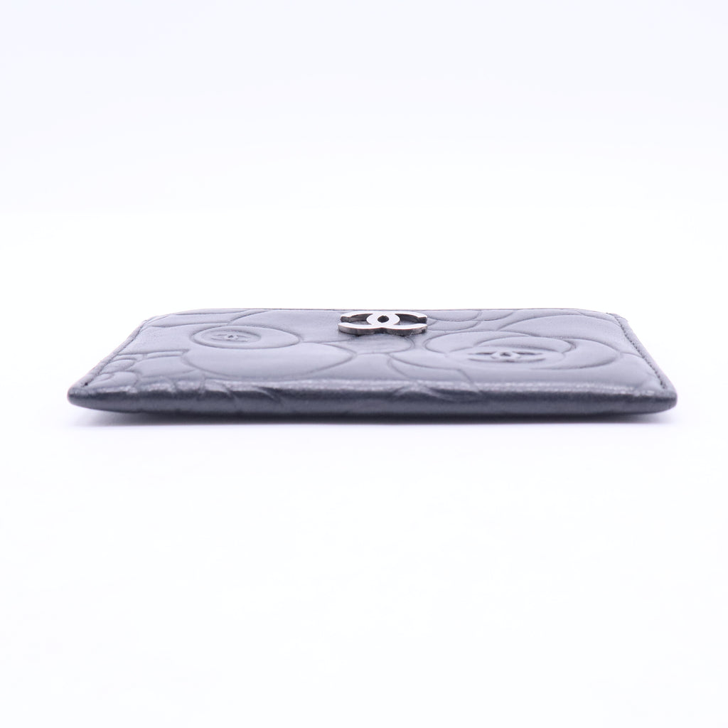 Black Leather Camellia Embossed Card Holder W11269