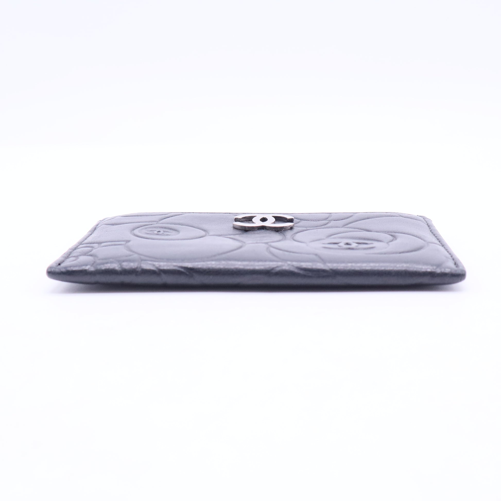 Black Leather Camellia Embossed Card Holder W11269