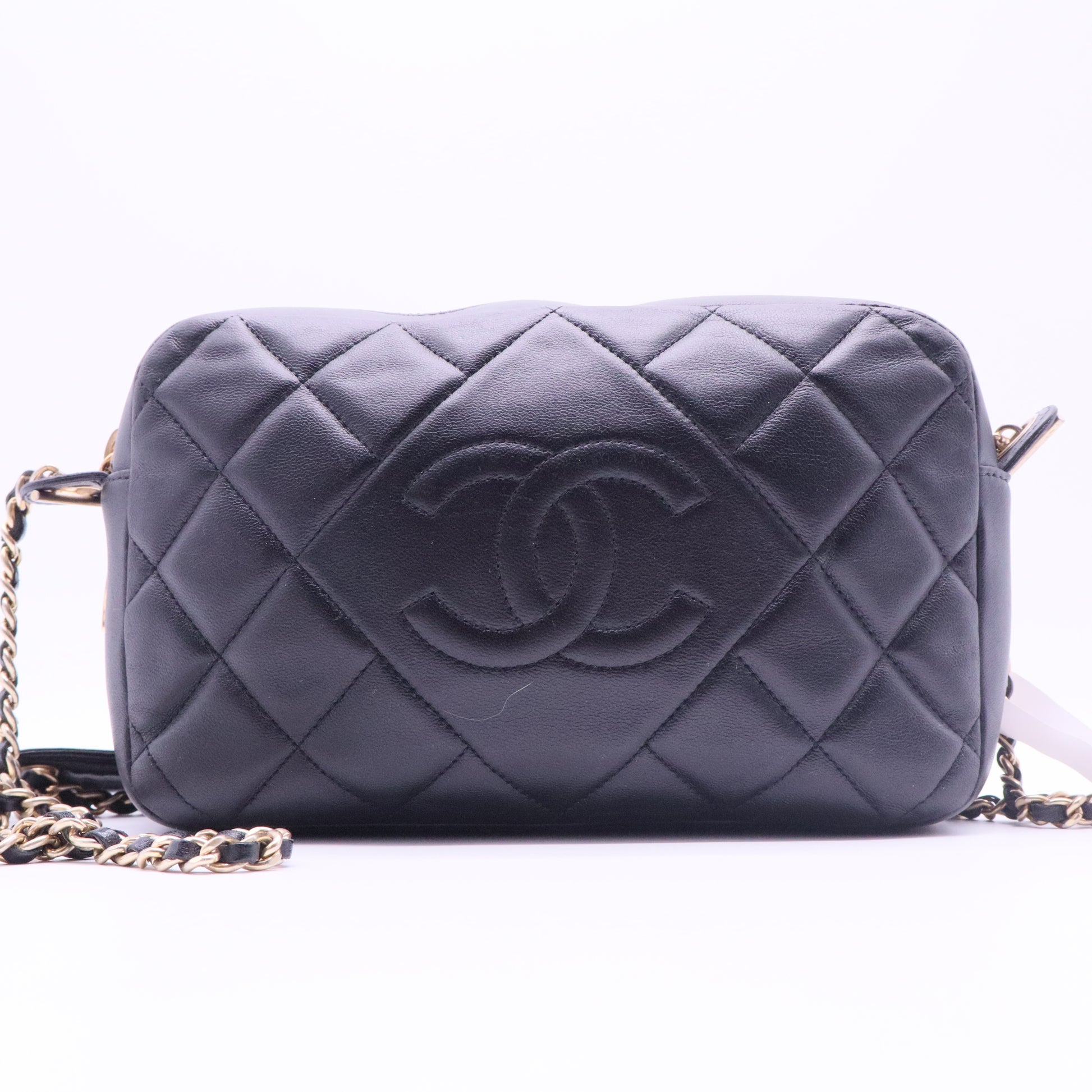 Shiny Lambskin Quilted Mini Camera Case Black