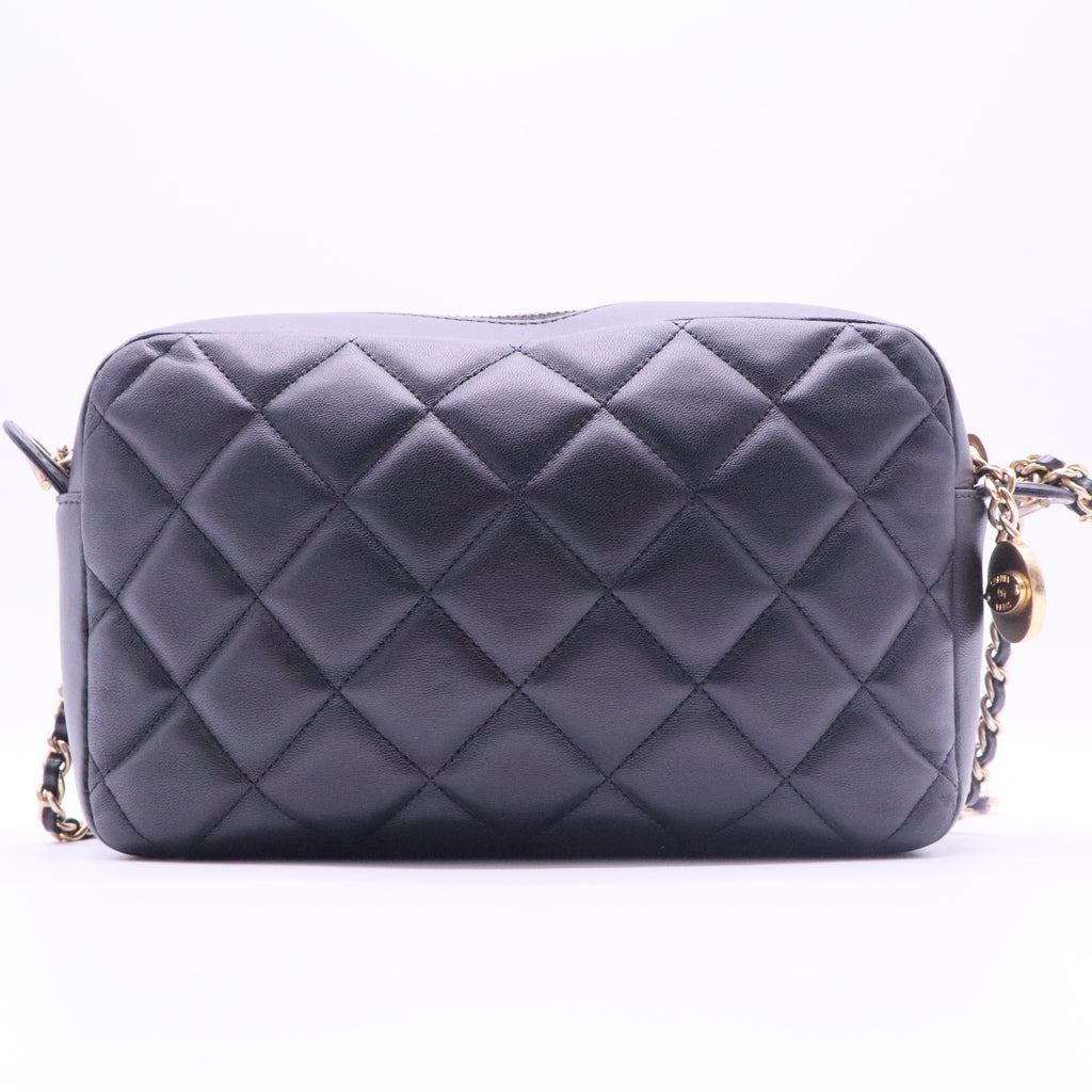 Shiny Lambskin Quilted Mini Camera Case Black