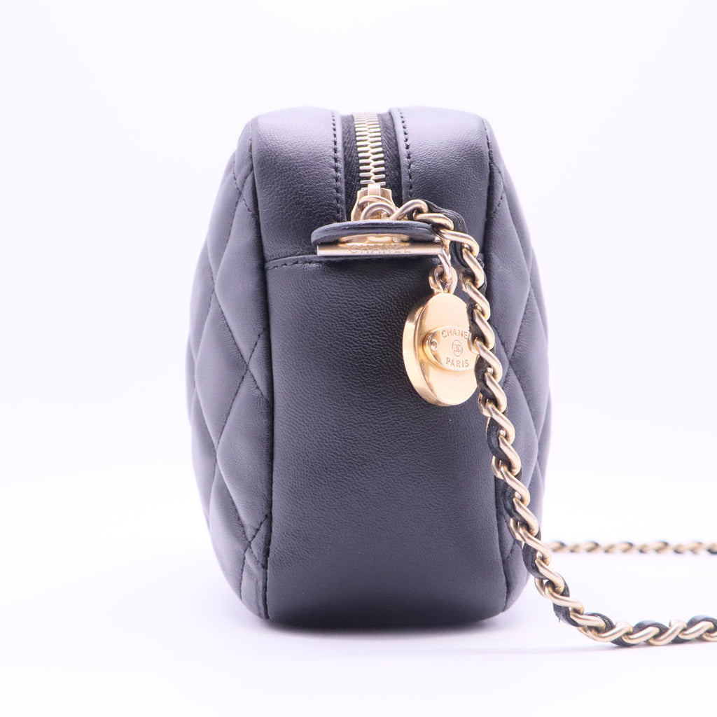 Shiny Lambskin Quilted Mini Camera Case Black