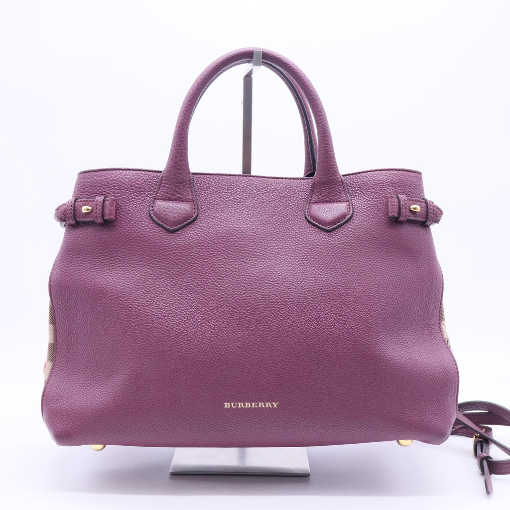 Burgundy Leather and House Check Canvas Medium Banner Tote B12316