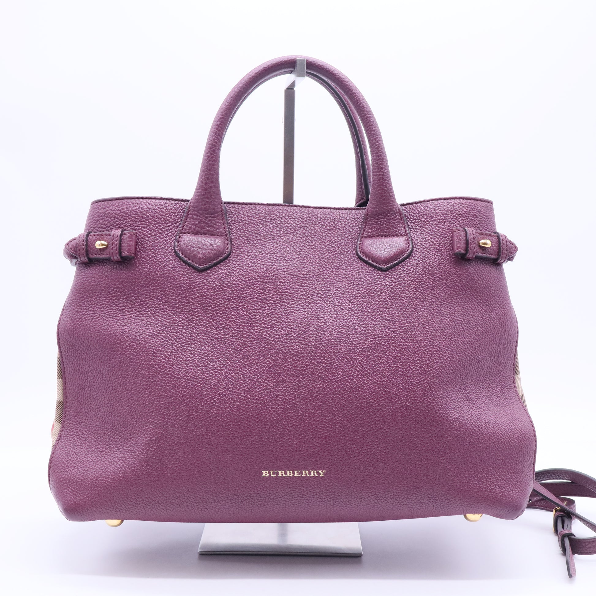 Burgundy Leather and House Check Canvas Medium Banner Tote B12316
