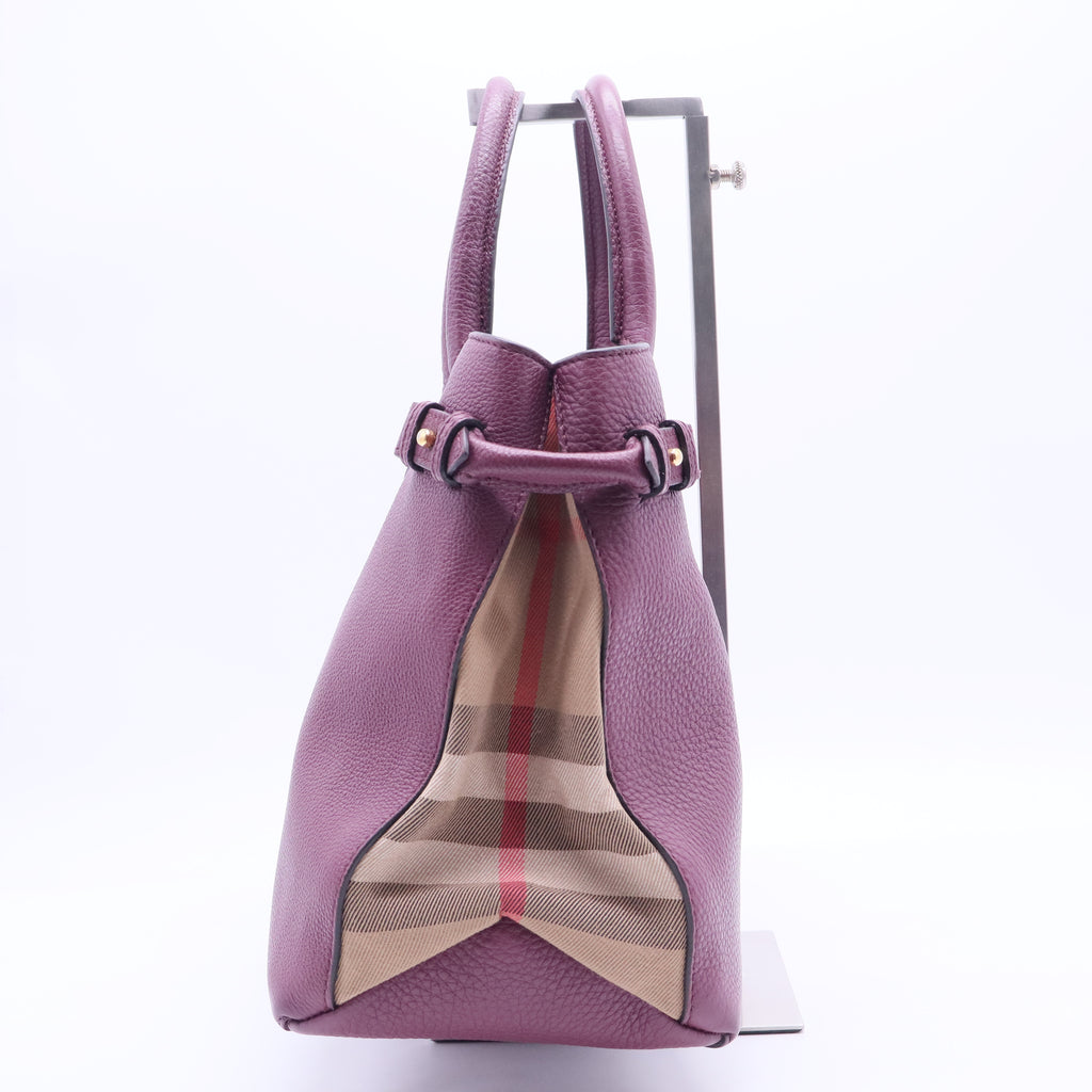 Burgundy Leather and House Check Canvas Medium Banner Tote B12316