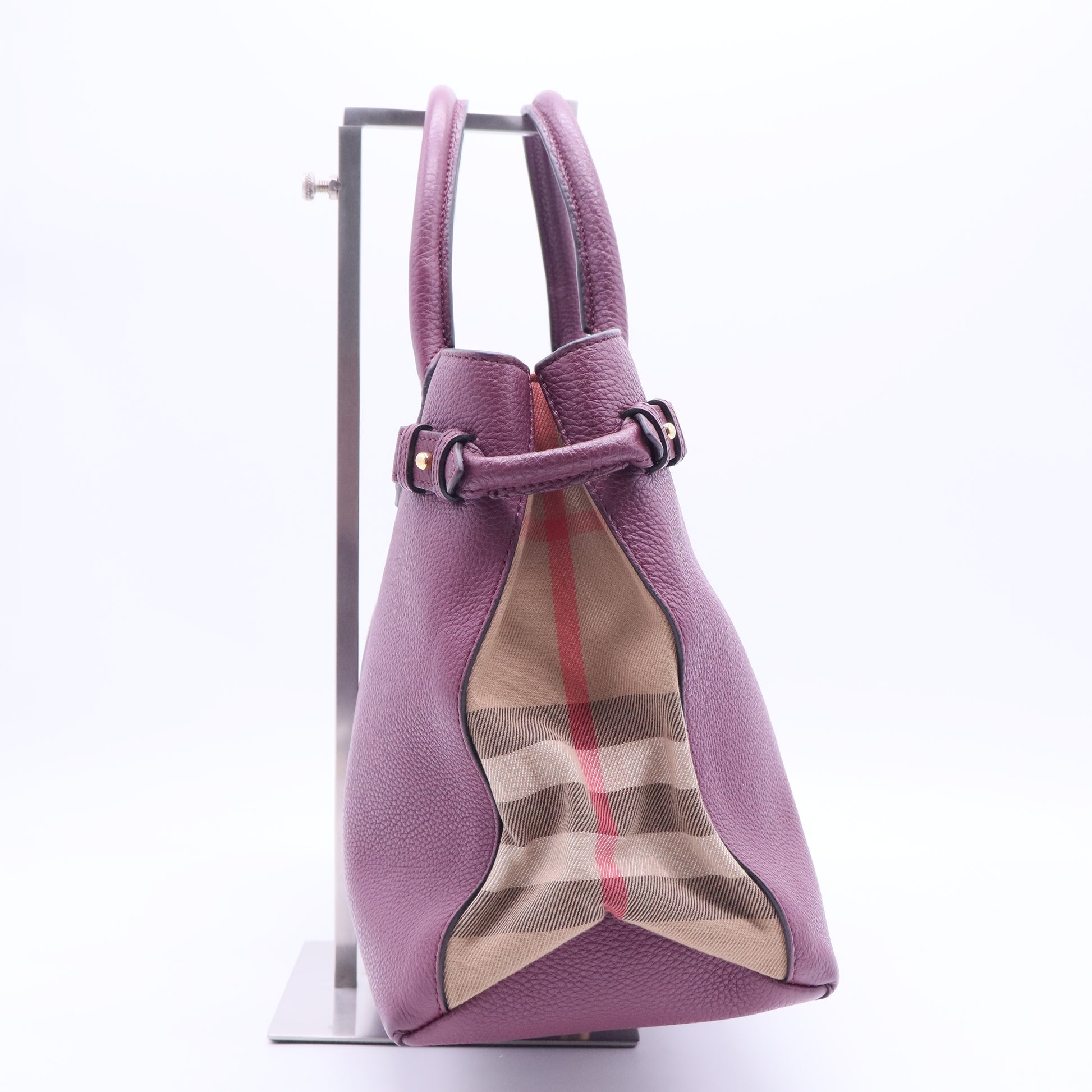 Burgundy Leather and House Check Canvas Medium Banner Tote B12316