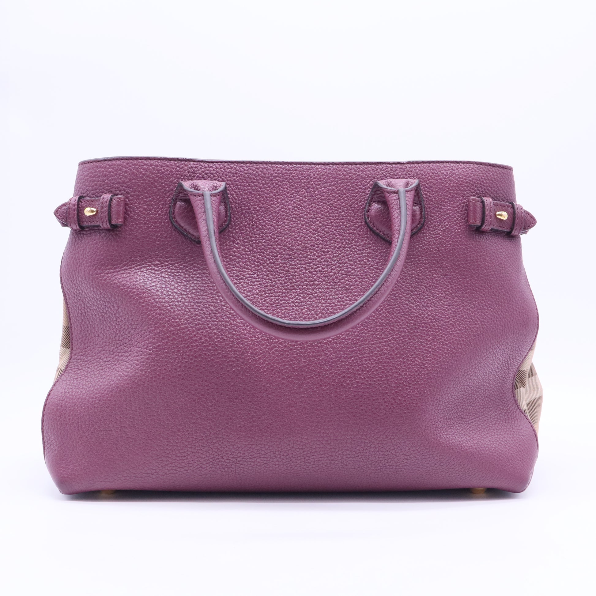 Burgundy Leather and House Check Canvas Medium Banner Tote B12316