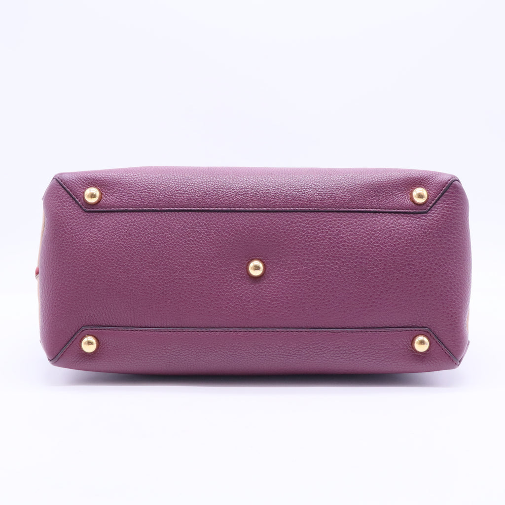 Burgundy Leather and House Check Canvas Medium Banner Tote B12316