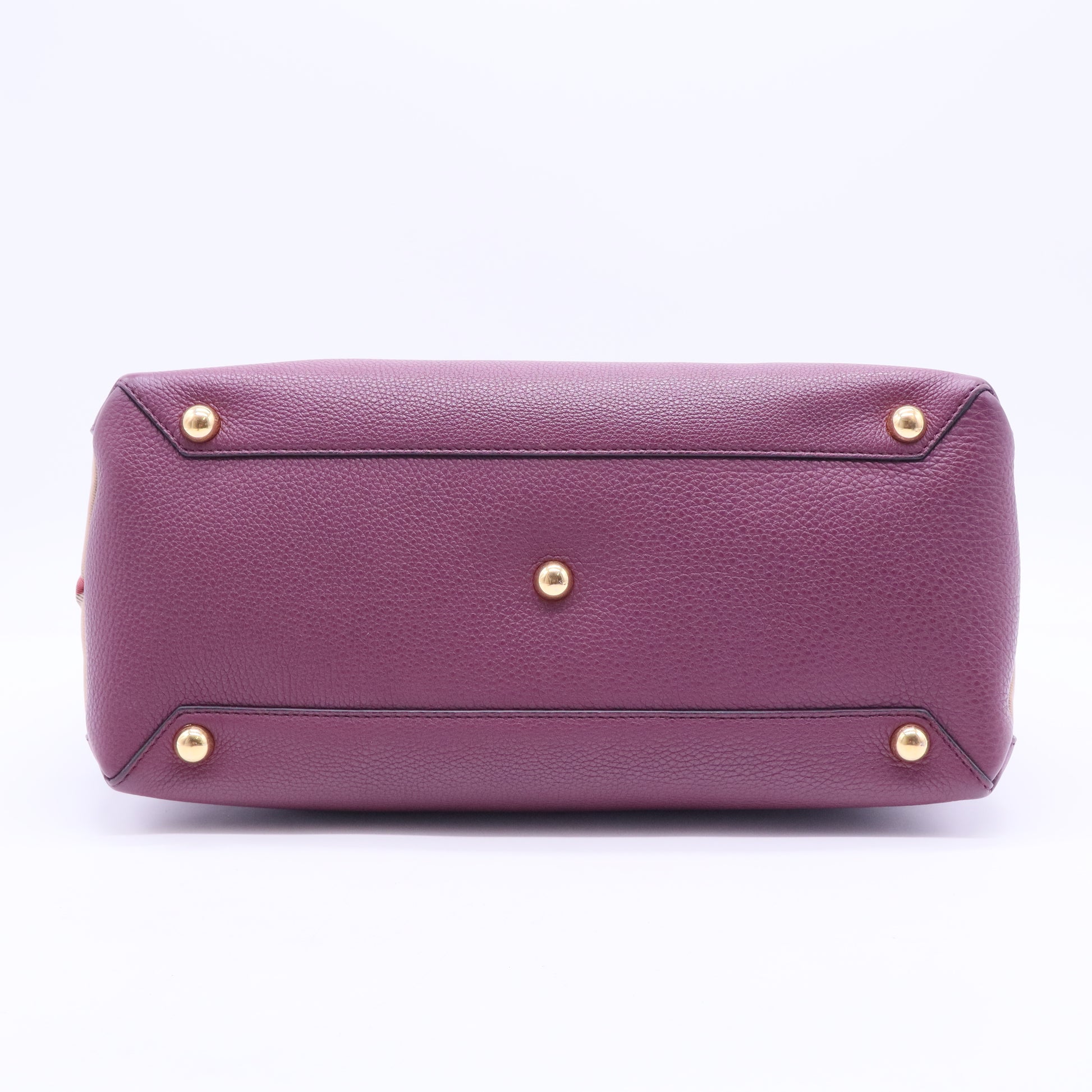 Burgundy Leather and House Check Canvas Medium Banner Tote B12316