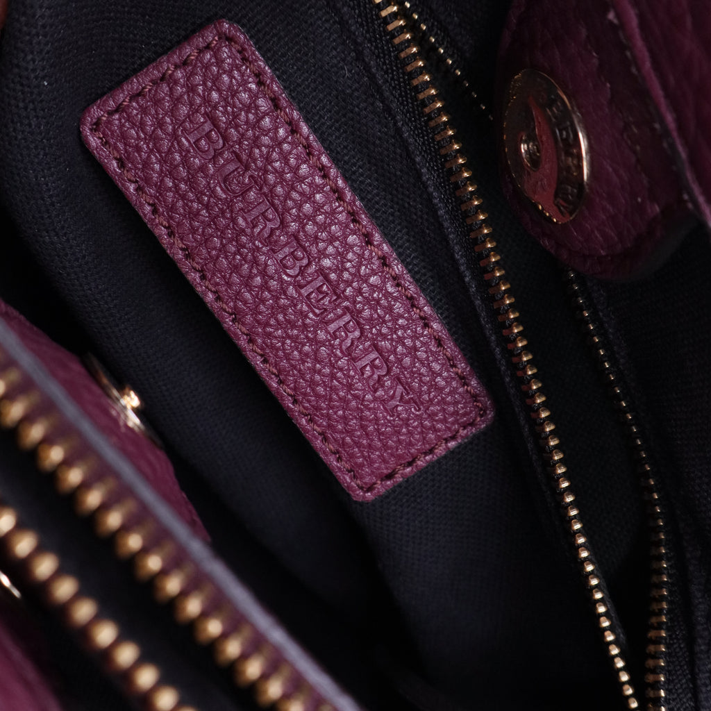 Burgundy Leather and House Check Canvas Medium Banner Tote B12316