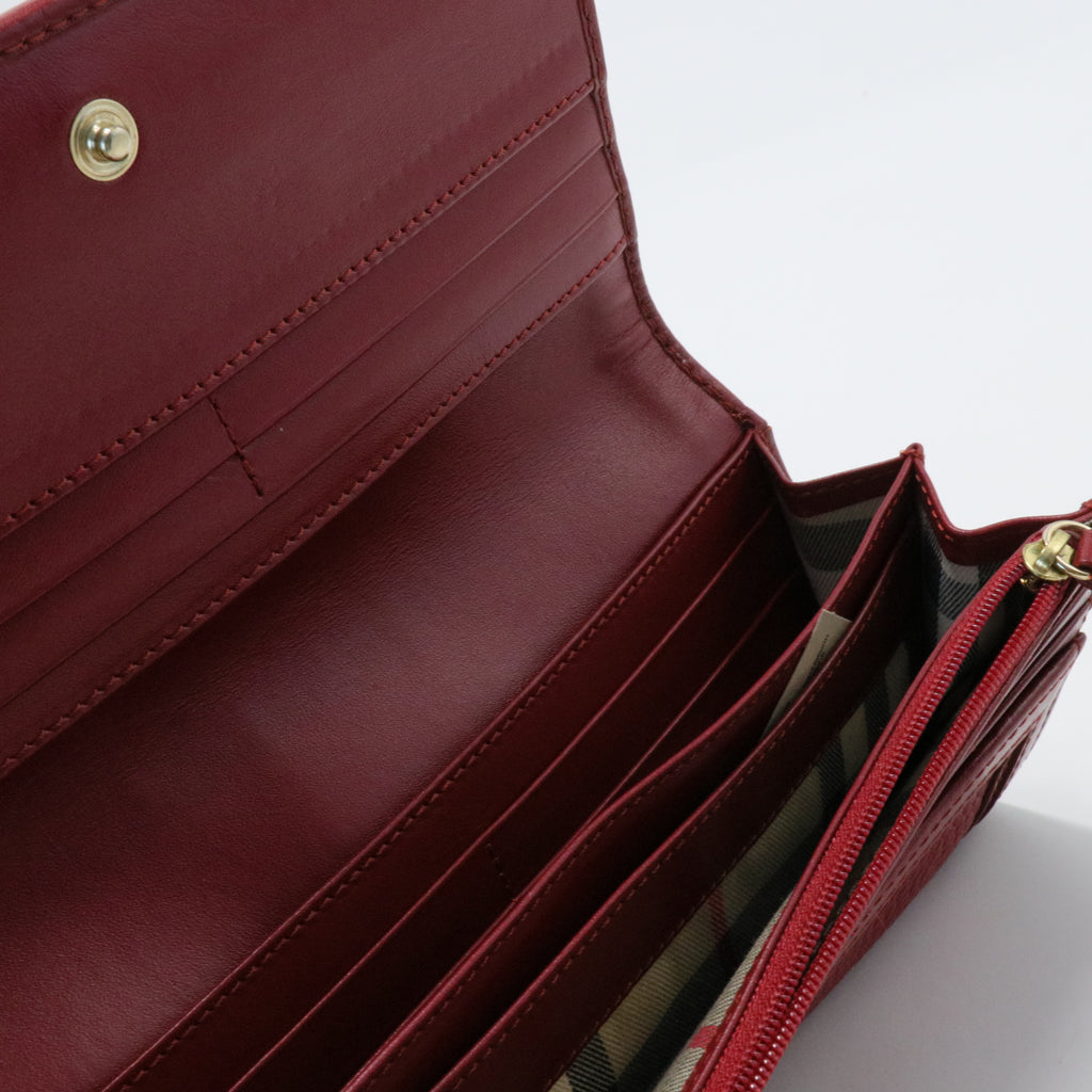 Burberry Red and Maroon Pebbled Leather Wallet