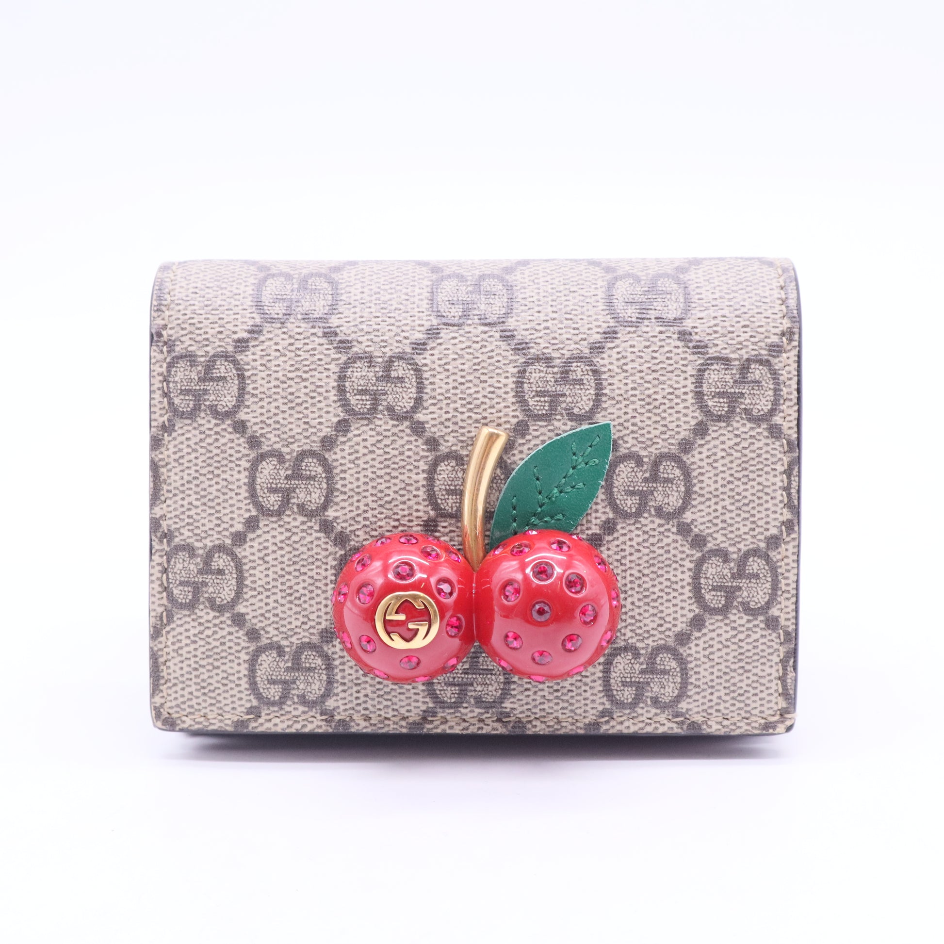 GG Supreme Monogram Cherry Embellished Card Case Wallet Hibiscus Red