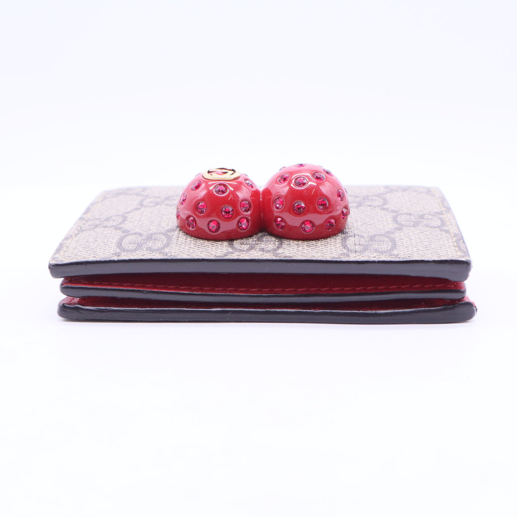 GG Supreme Monogram Cherry Embellished Card Case Wallet Hibiscus Red