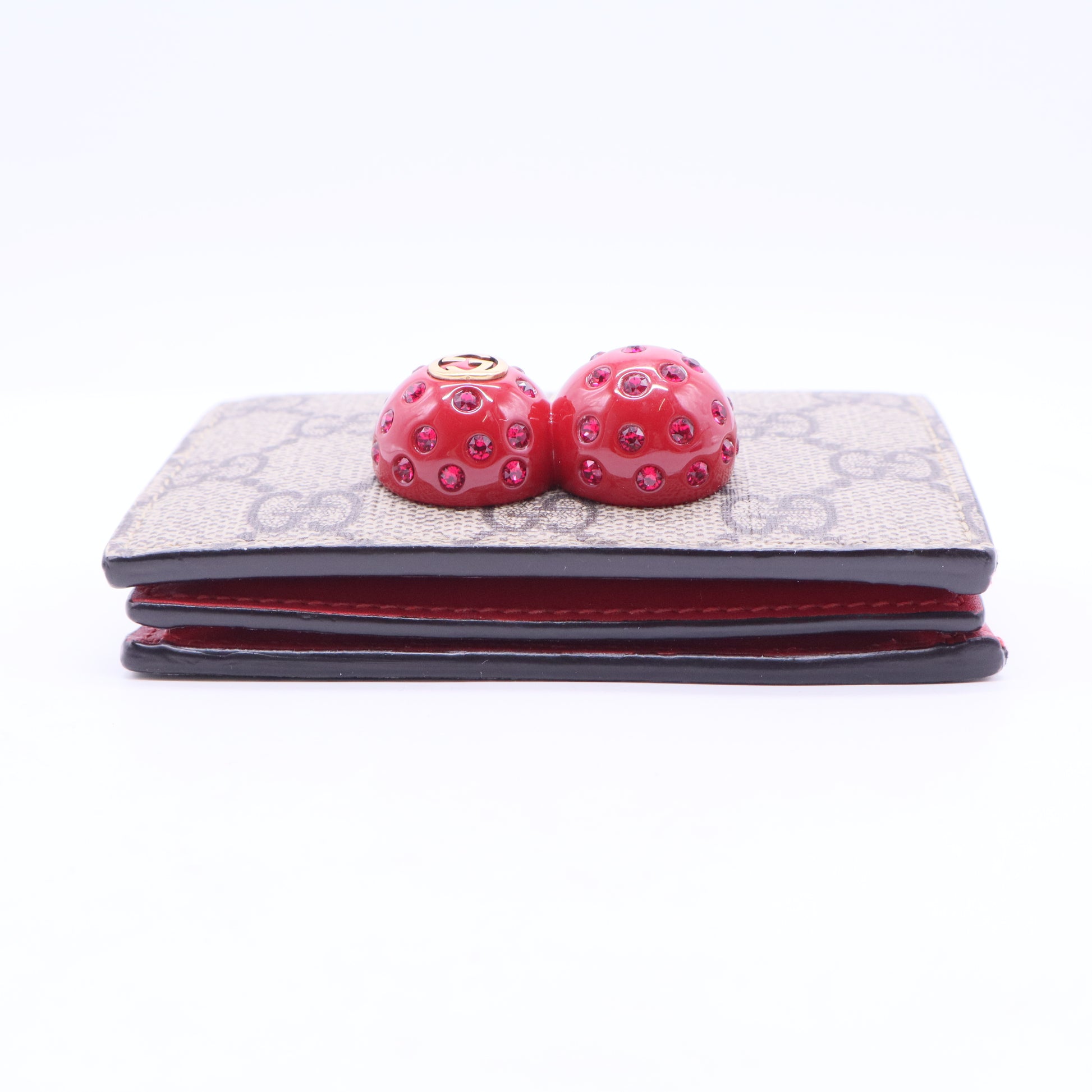 GG Supreme Monogram Cherry Embellished Card Case Wallet Hibiscus Red