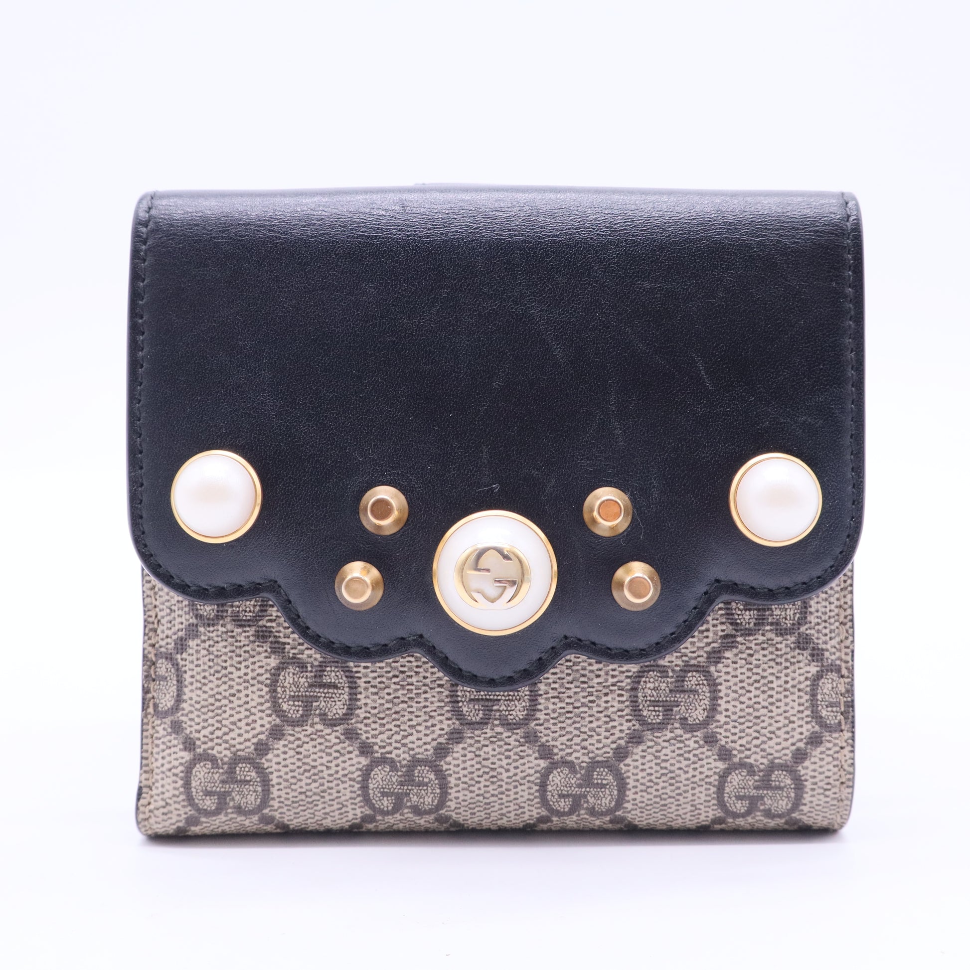 GG Supreme Monogram Pearl Studded French Wallet Black W20010