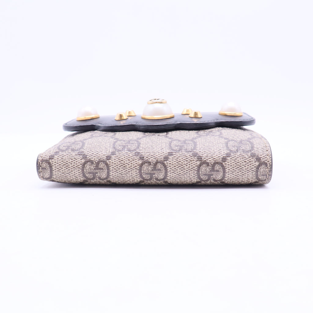 GG Supreme Monogram Pearl Studded French Wallet Black W20010