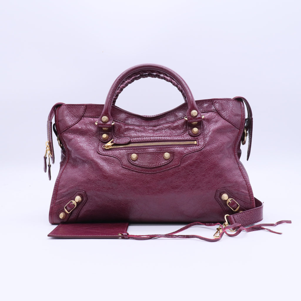 Balenciaga Violet Prune Lambskin Leather Motorcycle Gold City AJ Bag twins LDJ3917