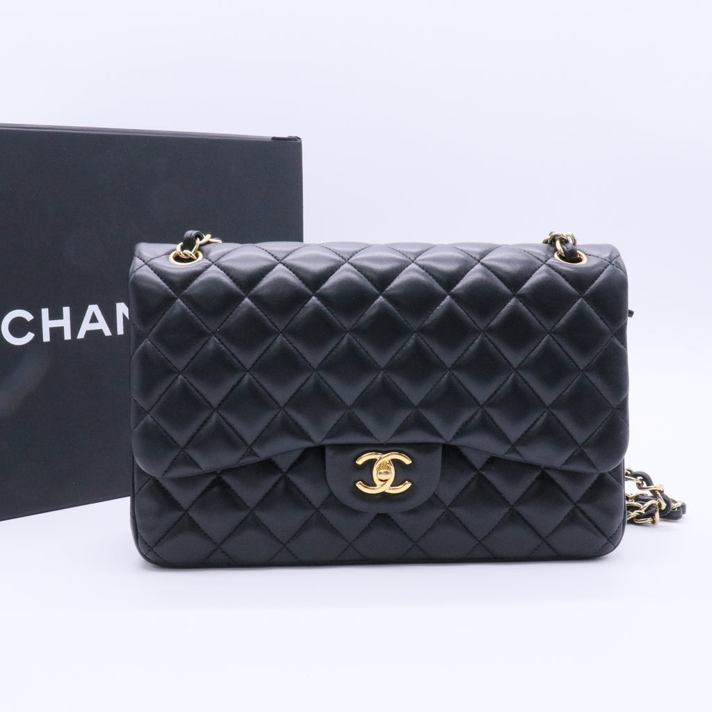 Black Quilted Lambskin Leather Classic Jumbo Double Flap Bag twins