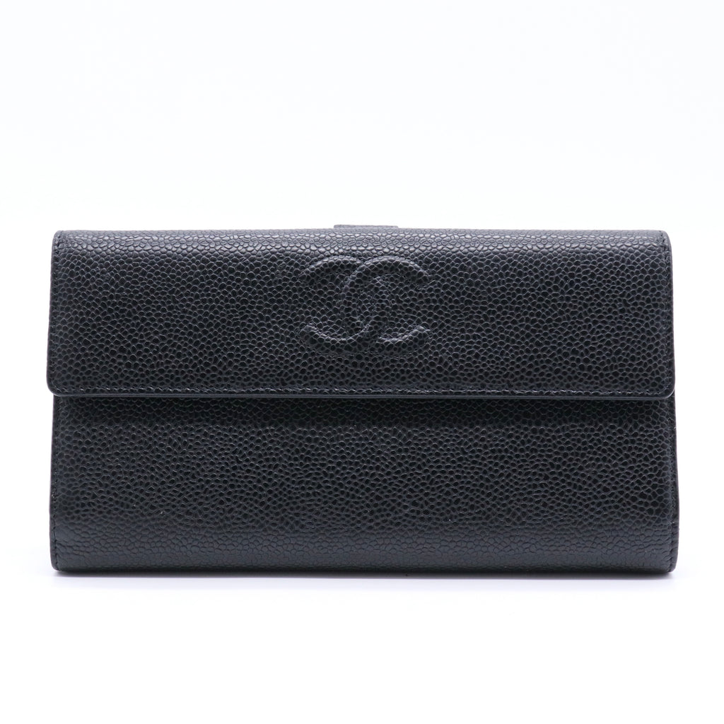 Black Caviar Leather CC Logo Long Snap Bifold Wallet